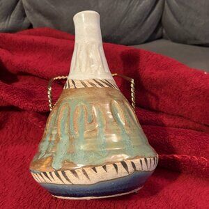 VTG 2001 Handcrafted 8" Pottery  Bud Vase-Artisan Signed-Teepee Shape-Multicolor